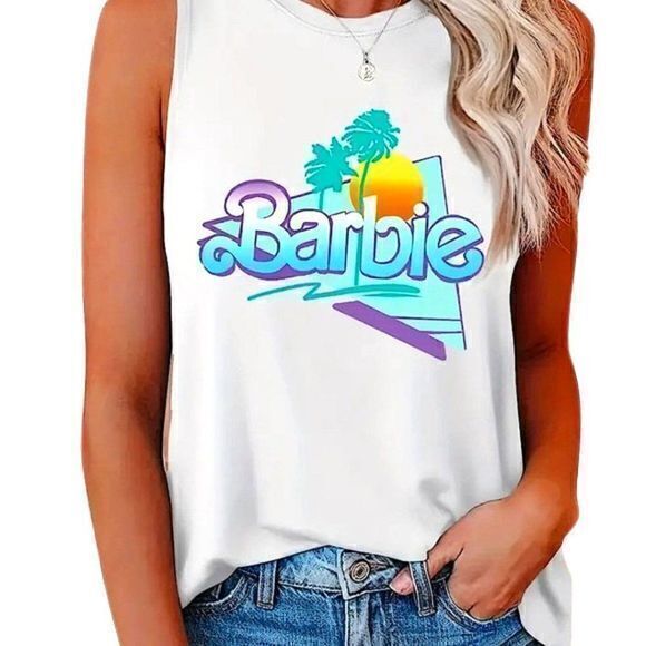 Tops - BARBIE Letter Print Retro Design Women's Fashion White Tank Top-LARGE